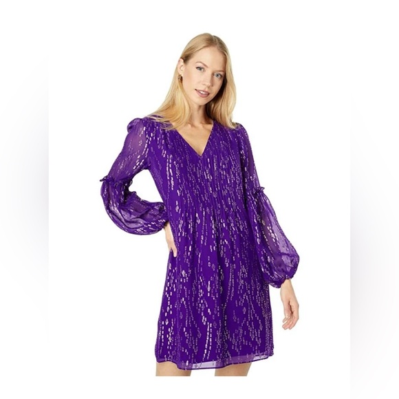 New Lilly Pulitzer Cleme Silk Dress Purple Berry Fish Clip Chiffon Gold Size 00 - Picture 3 of 6